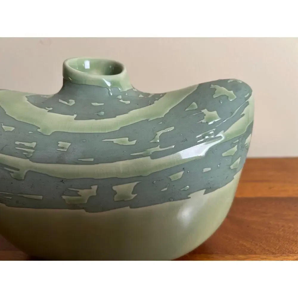 Vintage Kenshoma Studio Pottery Vase, Green Oval Ceramic Vase